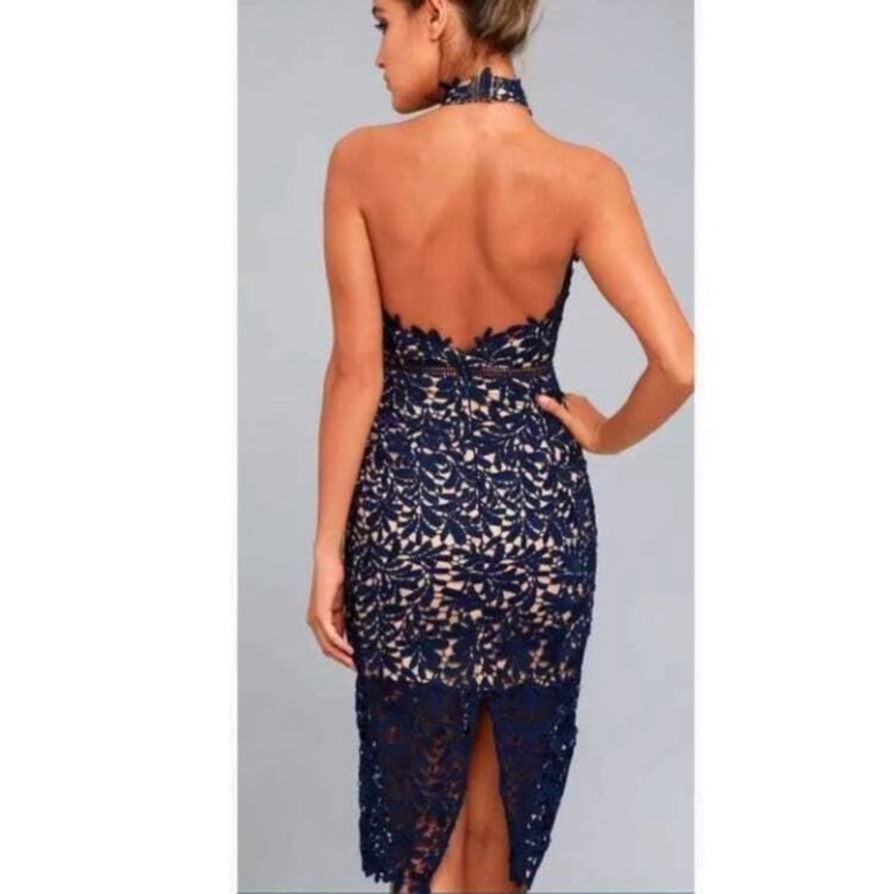 Lulus Divine Destiny Navy Blue Lace Halter Backless Midi Dress Size Large Sexy - Picture 14 of 16